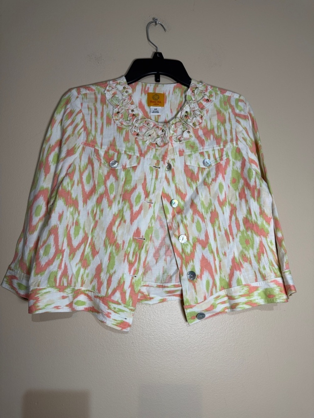 Ruby Rd. Coral & Lime Ikat-Inspired Petite Jacket
